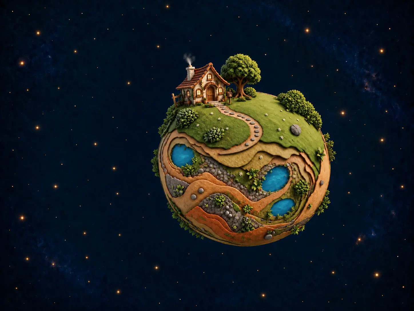 A bright green little planet with a cozy glowing house, winding paths and blue ponds